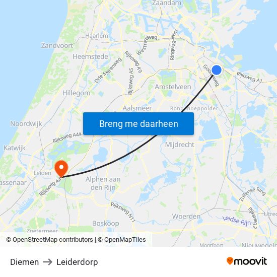 Diemen to Leiderdorp map