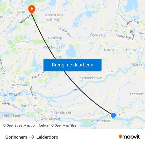 Gorinchem to Leiderdorp map
