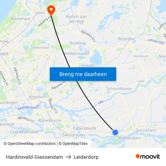 Hardinxveld-Giessendam to Leiderdorp map