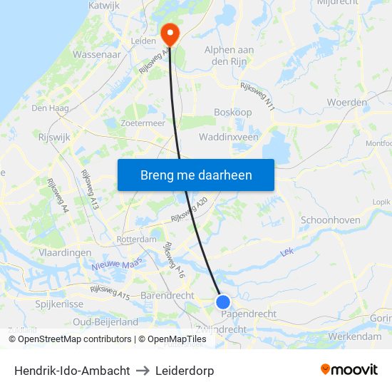 Hendrik-Ido-Ambacht to Leiderdorp map