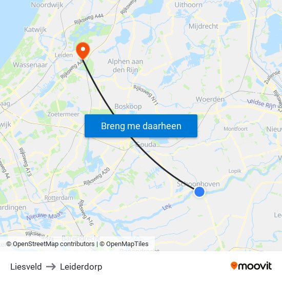 Liesveld to Leiderdorp map