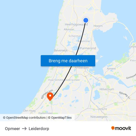 Opmeer to Leiderdorp map