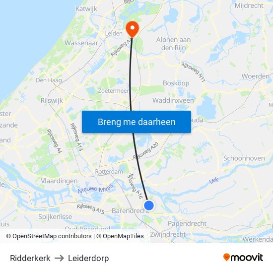Ridderkerk to Leiderdorp map