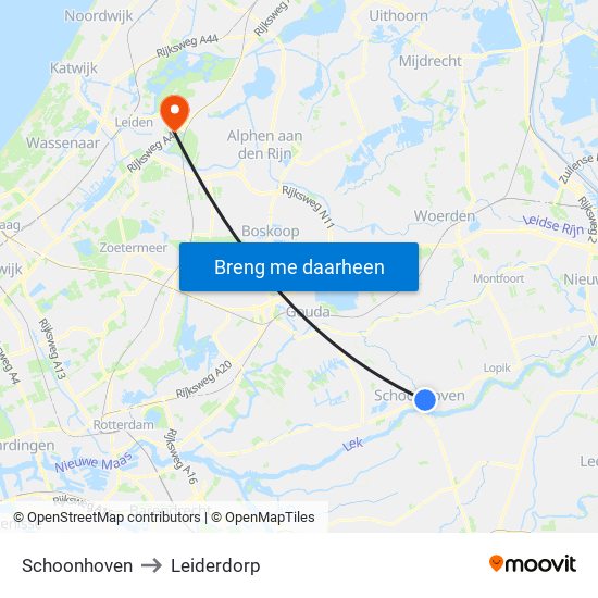 Schoonhoven to Leiderdorp map