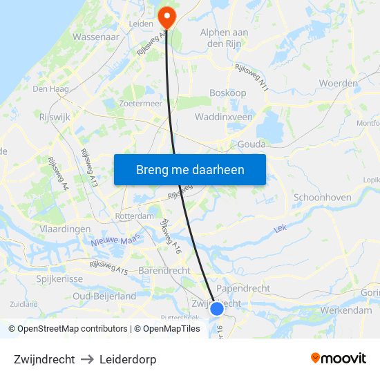 Zwijndrecht to Leiderdorp map