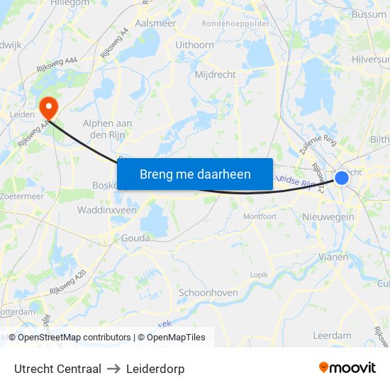 Utrecht Centraal to Leiderdorp map