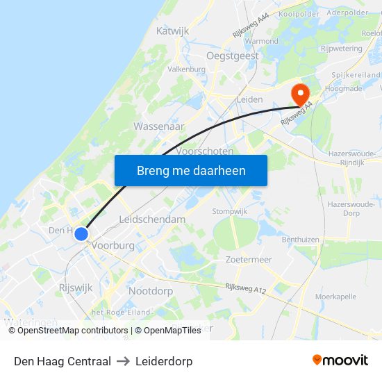 Den Haag Centraal to Leiderdorp map