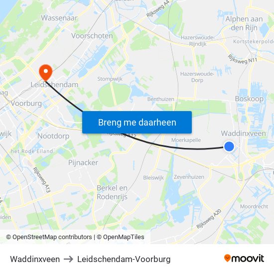 Waddinxveen to Leidschendam-Voorburg map