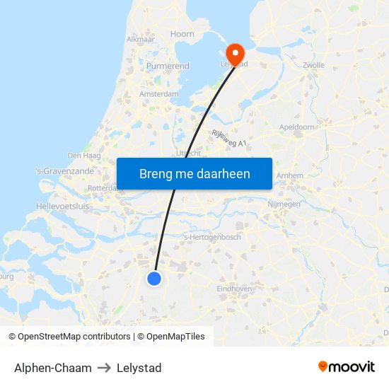 Alphen-Chaam to Lelystad map