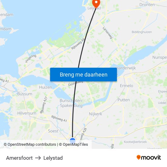 Amersfoort to Lelystad map