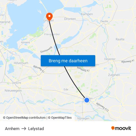 Arnhem to Lelystad map