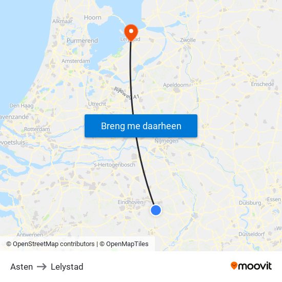 Asten to Lelystad map