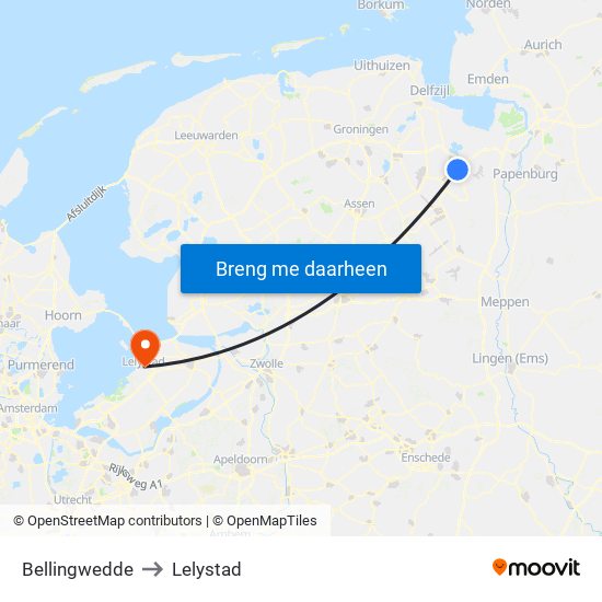 Bellingwedde to Lelystad map