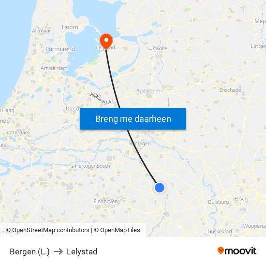Bergen (L.) to Lelystad map