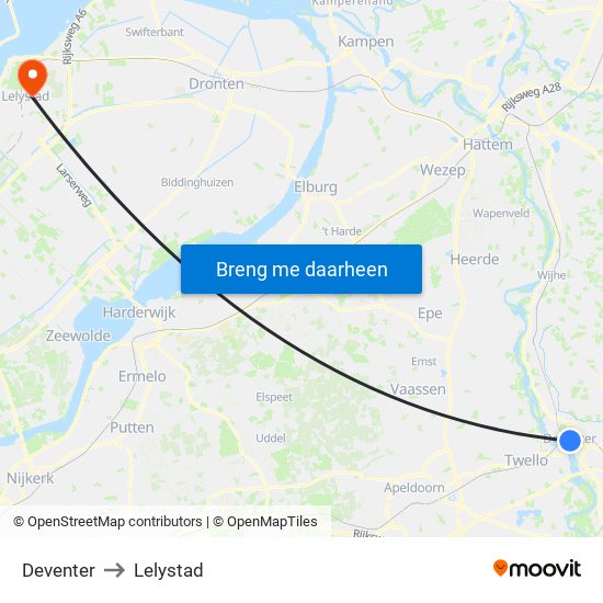 Deventer to Lelystad map