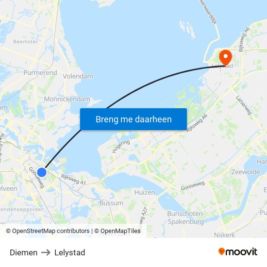 Diemen to Lelystad map