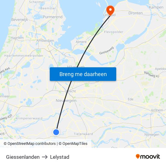 Giessenlanden to Lelystad map