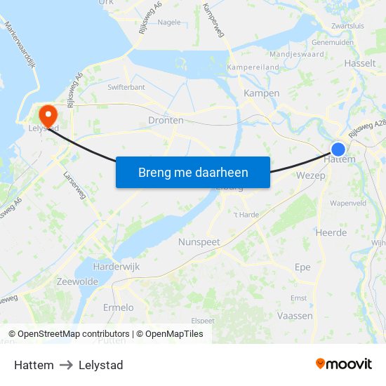 Hattem to Lelystad map