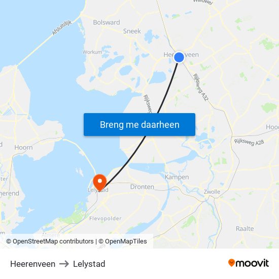 Heerenveen to Lelystad map