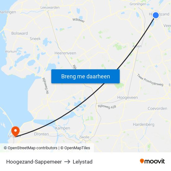 Hoogezand-Sappemeer to Lelystad map