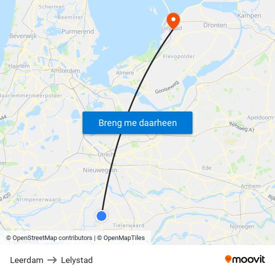 Leerdam to Lelystad map