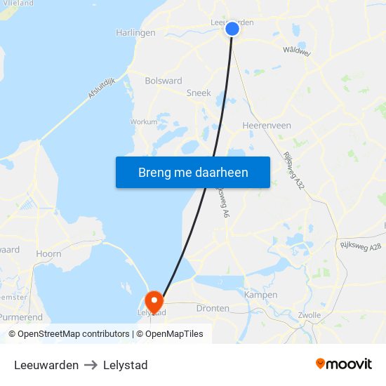 Leeuwarden to Lelystad map