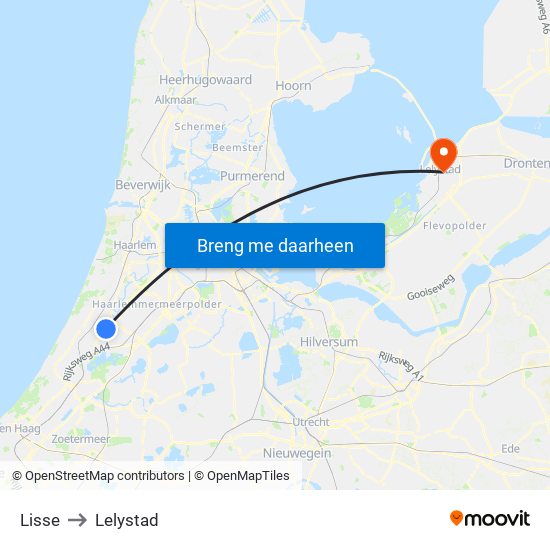 Lisse to Lelystad map