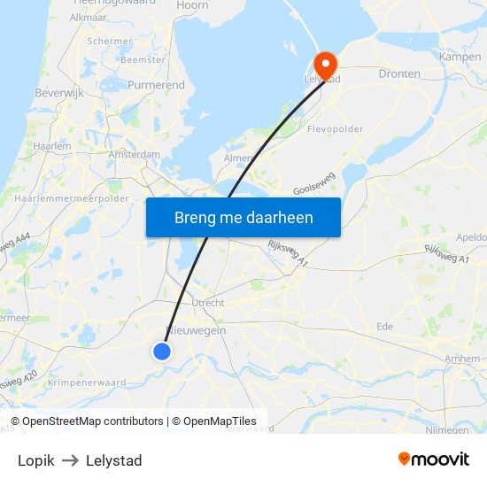 Lopik to Lelystad map