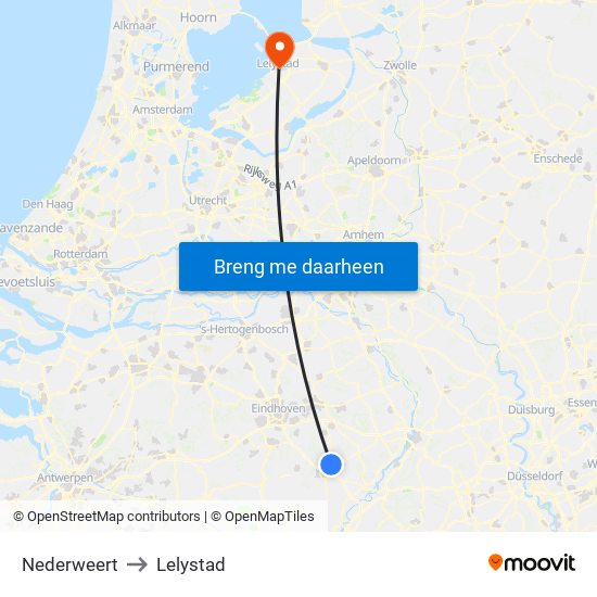 Nederweert to Lelystad map