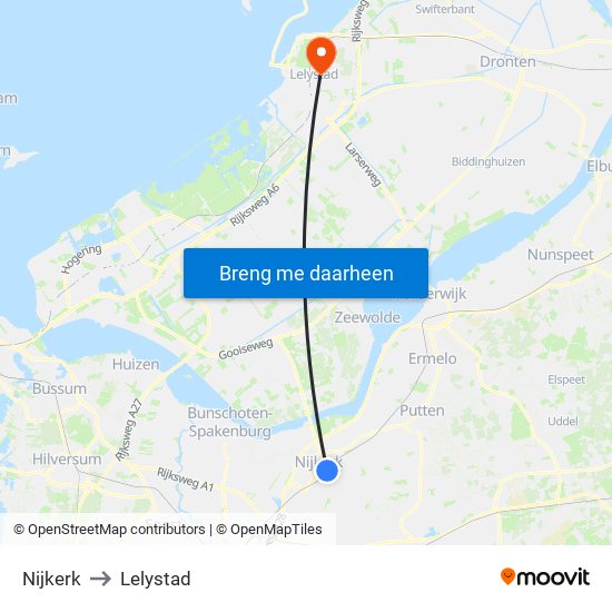 Nijkerk to Lelystad map