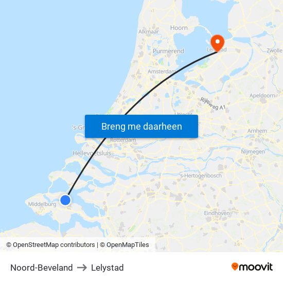 Noord-Beveland to Lelystad map