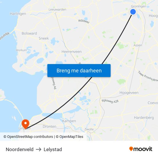 Noordenveld to Lelystad map