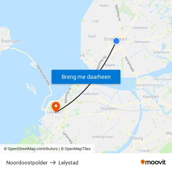 Noordoostpolder to Lelystad map