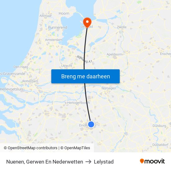 Nuenen, Gerwen En Nederwetten to Lelystad map