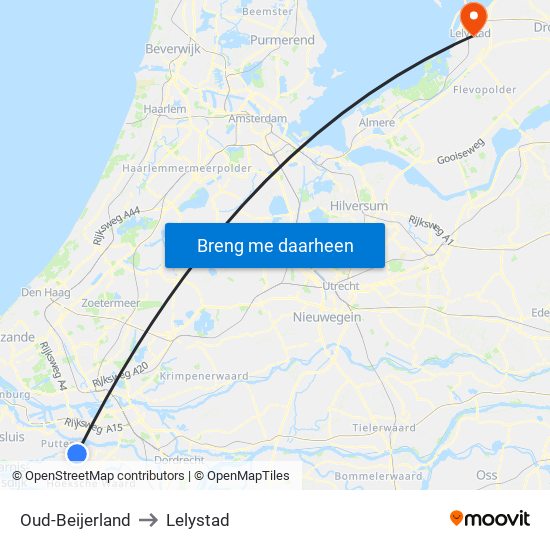 Oud-Beijerland to Lelystad map