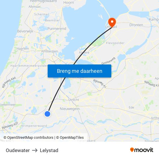 Oudewater to Lelystad map