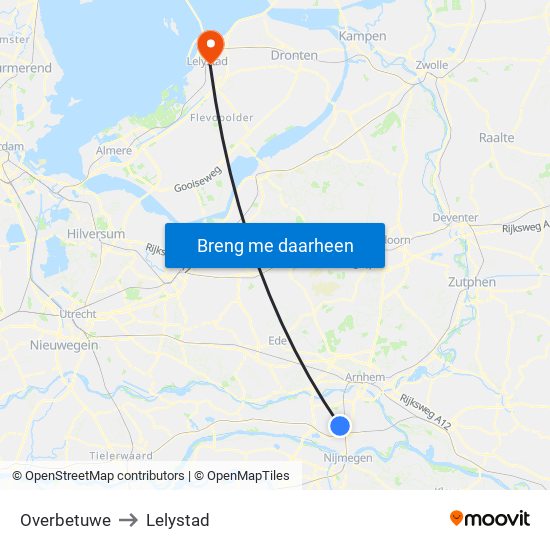 Overbetuwe to Lelystad map