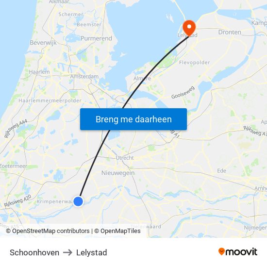 Schoonhoven to Lelystad map