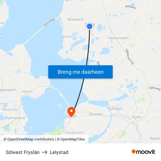 Sdwest Fryslân to Lelystad map