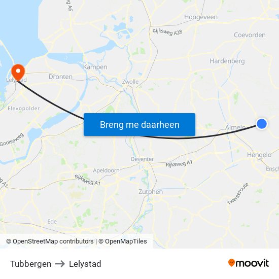 Tubbergen to Lelystad map