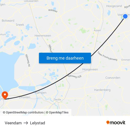 Veendam to Lelystad map