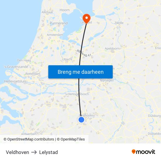 Veldhoven to Lelystad map