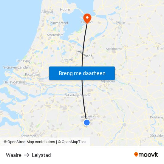 Waalre to Lelystad map