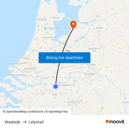 Waalwijk to Lelystad map
