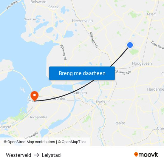 Westerveld to Lelystad map