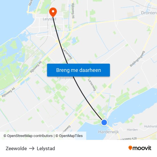 Zeewolde to Lelystad map