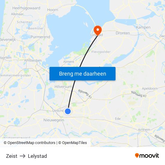 Zeist to Lelystad map