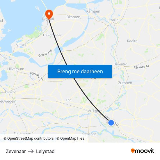 Zevenaar to Lelystad map