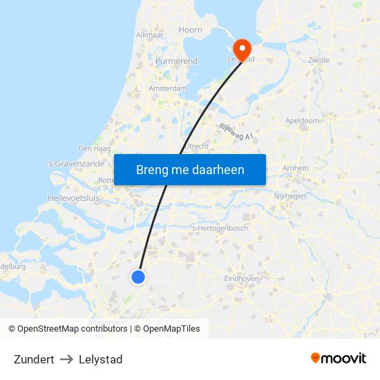 Zundert to Lelystad map