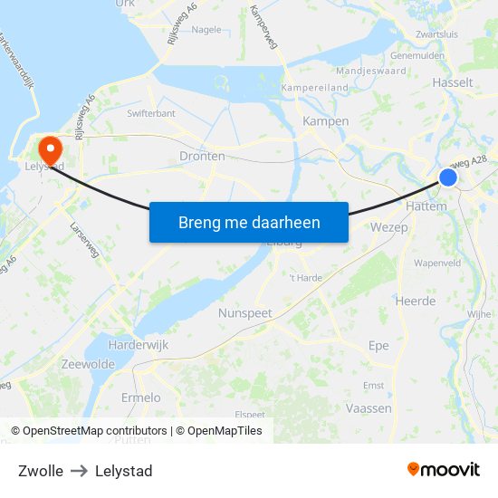 Zwolle to Lelystad map